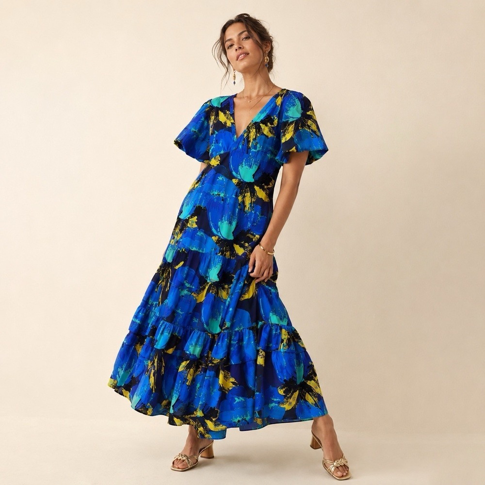 Christopher John Rogers Target 6 BlueFloral Puff Sleeve Tiered Maxi Dress Preppy
